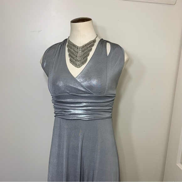 VINTAGE Silver Gray Maxi Dress Halter Straps Metallic Cinched Festive Gown XS/S - Picture 5 of 11